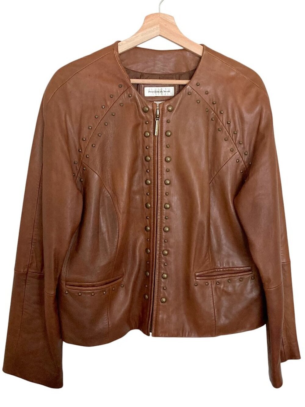 Preston & York Studded Lambskin Leather Zip Up Jacket British Brown